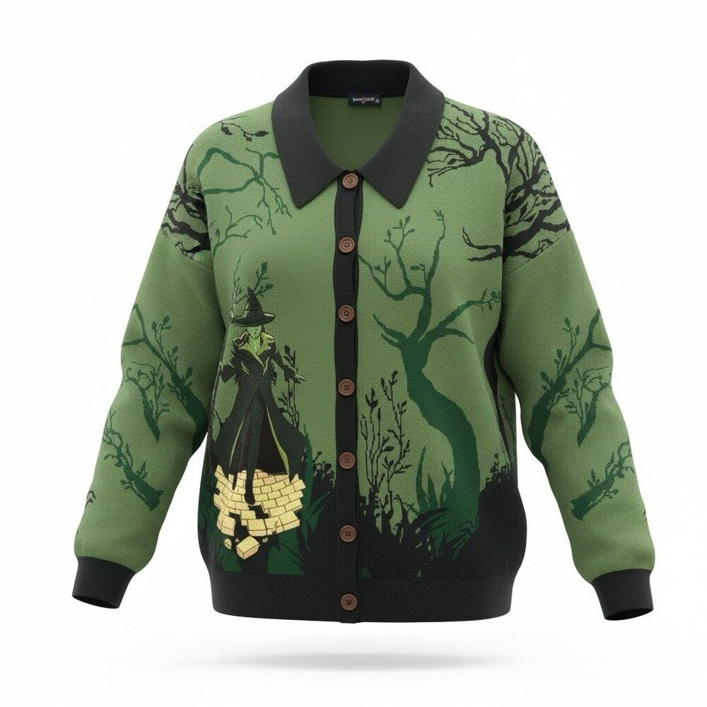 Wicked Elphaba Forest Green Embroidered Knit Sweater Cardigan Womens XS